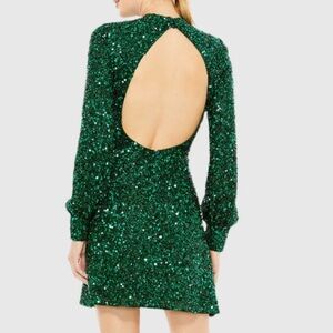 MAC DUGGAL 💚Sequin Open Back Bishop Sleeve Mini Dress • sz 2 • MSRP $298 NWT